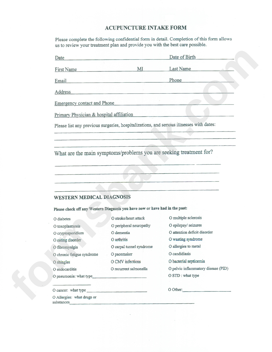 Acupuncture Intake Form printable pdf download