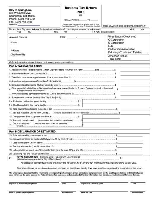 Business Tax Return Form - City Of Springboro - 2015 Printable pdf