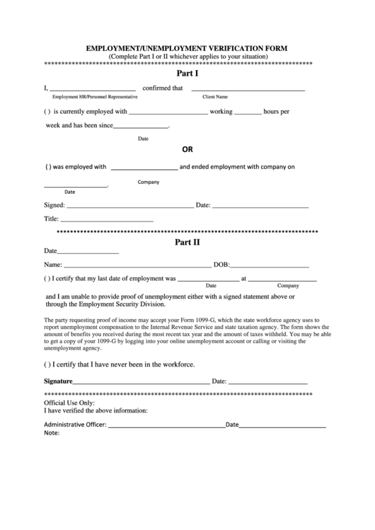 Employment/unemployment Verification Form Printable pdf