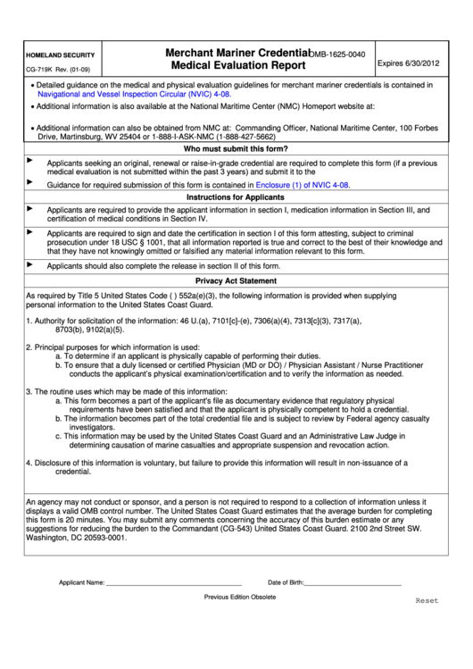 Fillable Form Cg-719k - Medical Evaluation Report Printable pdf