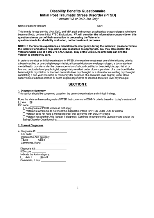 Disability Benefits Questionnaire - Initial Post Traumatic Stress Disorder (Ptsd) Printable pdf