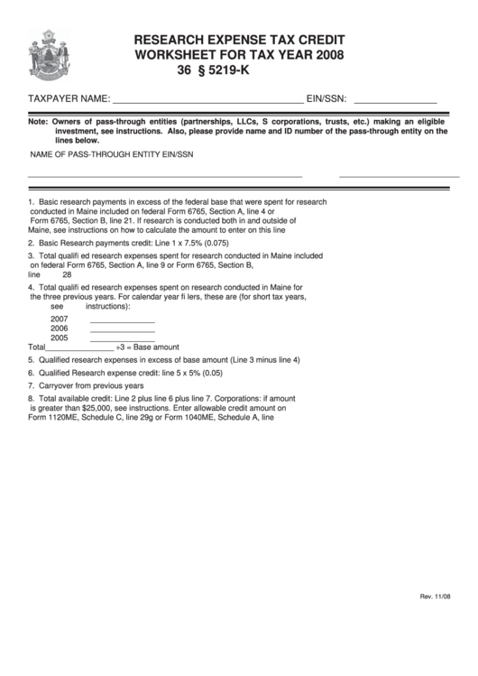 Research Expense Tax Credit Worksheet For Tax Year - 2008 Printable pdf