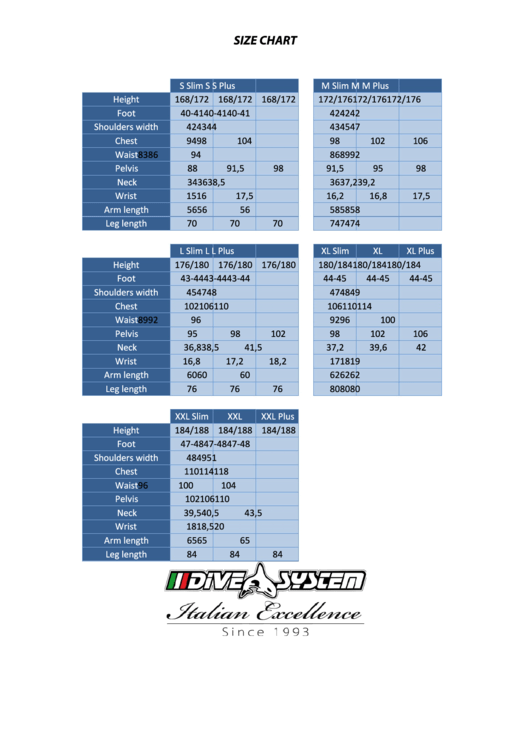 Clothing Size Chart - Dive System Printable pdf