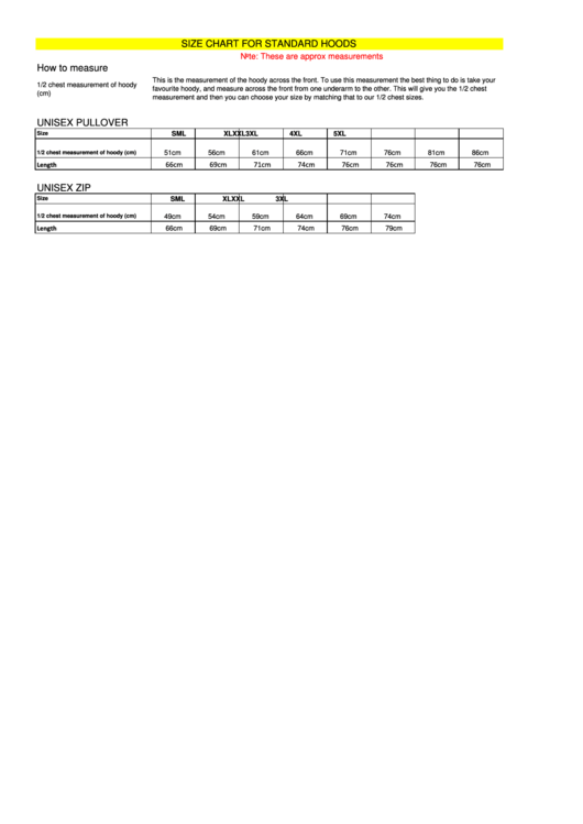Size Chart For Standard Hoods - Seabreeze Apparel Printable pdf