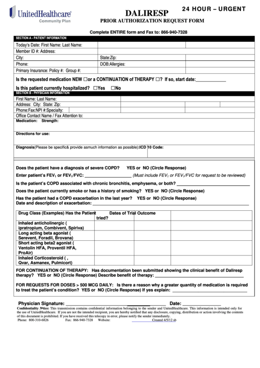 Unitedhealthcare Prior Authorization Request Form - Daliresp