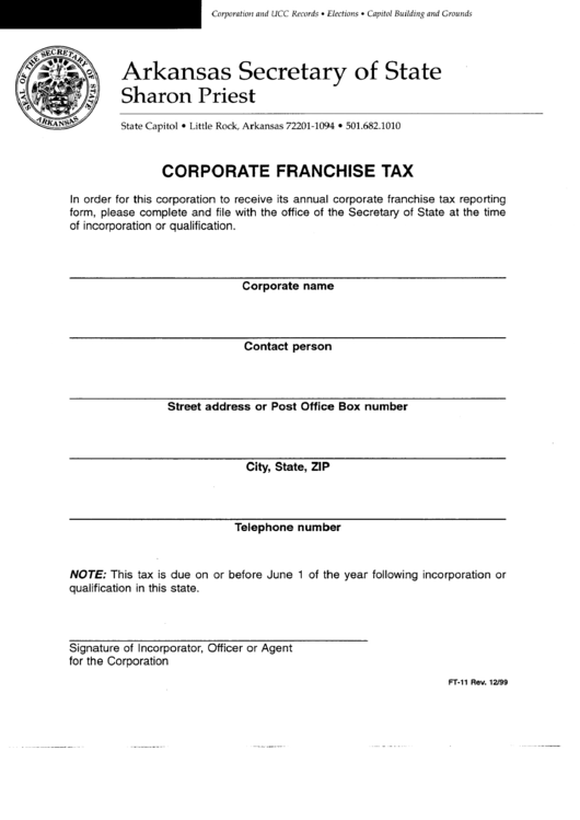 Form Ft-11 -Corporate Franchise Tax - Arkansas Printable pdf