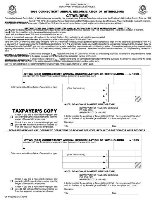 Form Ct-W3 (Drs) - Connecticut Annual Reconciliation Of Withholding - 1999 Printable pdf