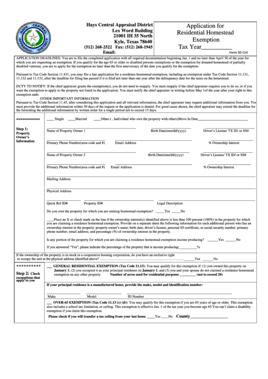 Form 50-114 - Application For Residential Homestead Exemption Printable pdf
