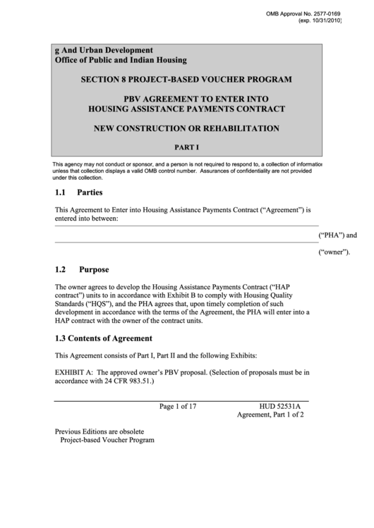 Fillable Form Hud 52531a - Pbv Agreement To Enter Into Housing Assistance Payments Contract - New Construction Or Rehabilitation Printable pdf