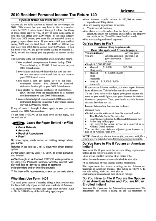 Arizona Form 140 - Resident Personal Income Tax Return - 2010 Printable pdf