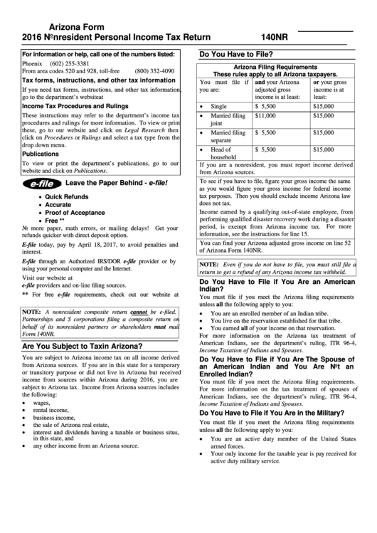 Arizona Form 140nr - Nonresident Personal Income Tax Return- 2016 Printable pdf