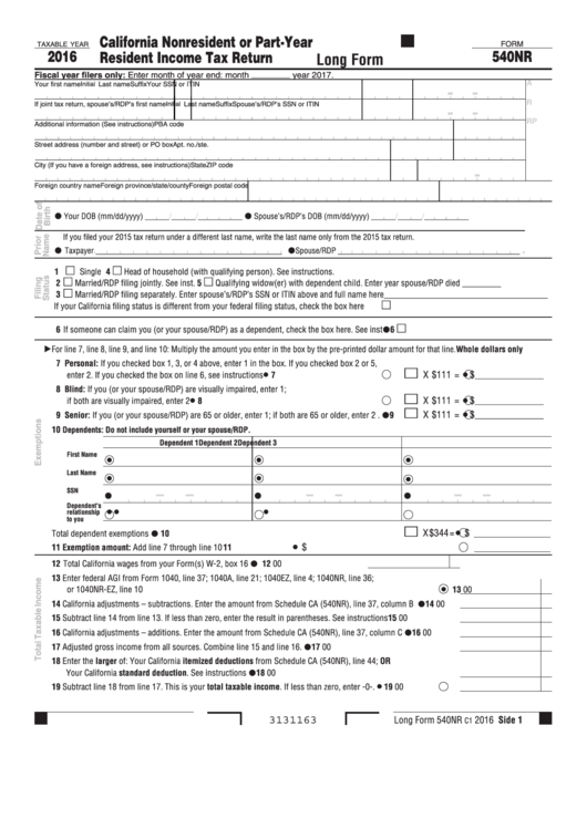 Form 540nr - California Nonresident Or Part-Year Resident Income Tax Return - 2016 Printable pdf