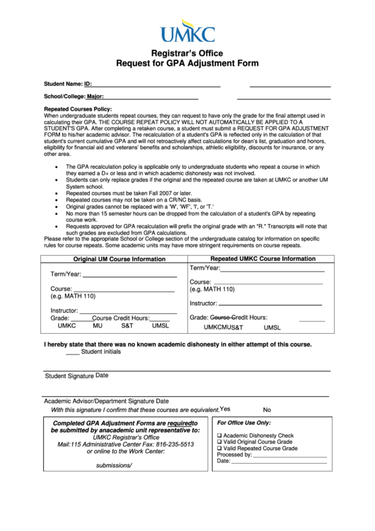 Fillable Request For Gpa Adjustment Form Printable pdf