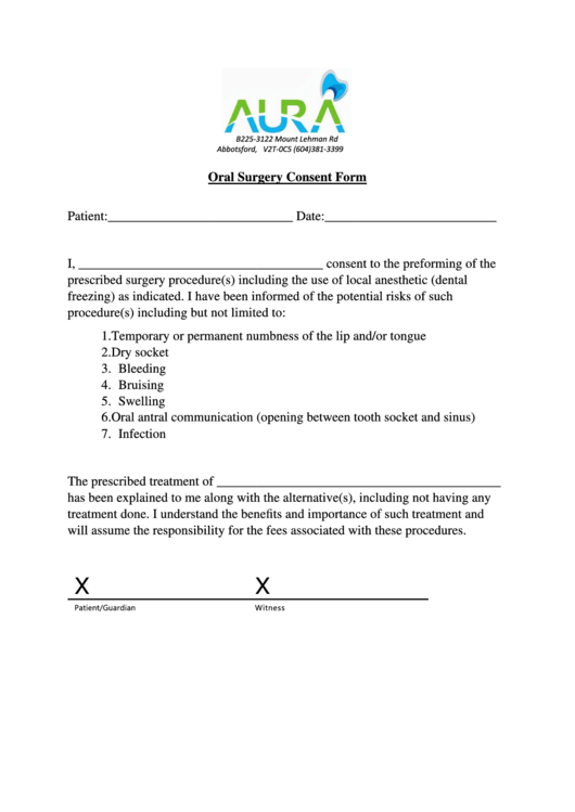 Oral Surgery Consent Form Printable pdf