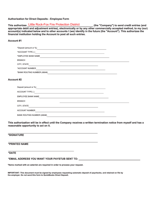 Authorization For Direct Deposits - Employee Form Printable pdf