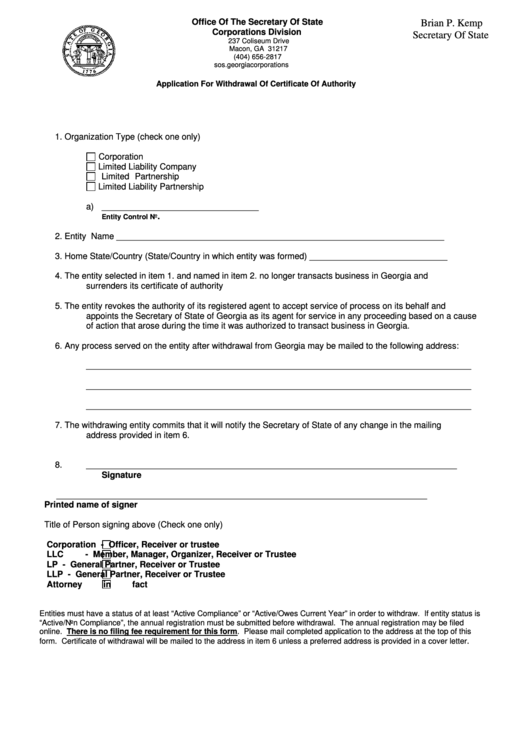 Fillable Application For Withdrawal Of Certificate Of Authority - Georgia Secretary Of State Printable pdf