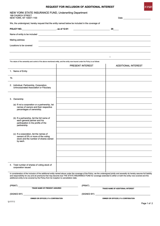 Form U-111 I - Request For Inclusion Of Additional Interest Printable pdf