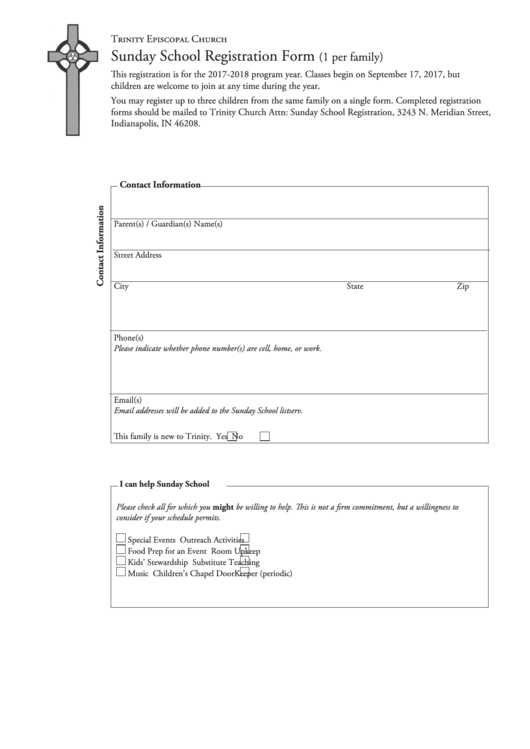 Sunday School Registration Form - Trinity Episcopal Church Printable pdf