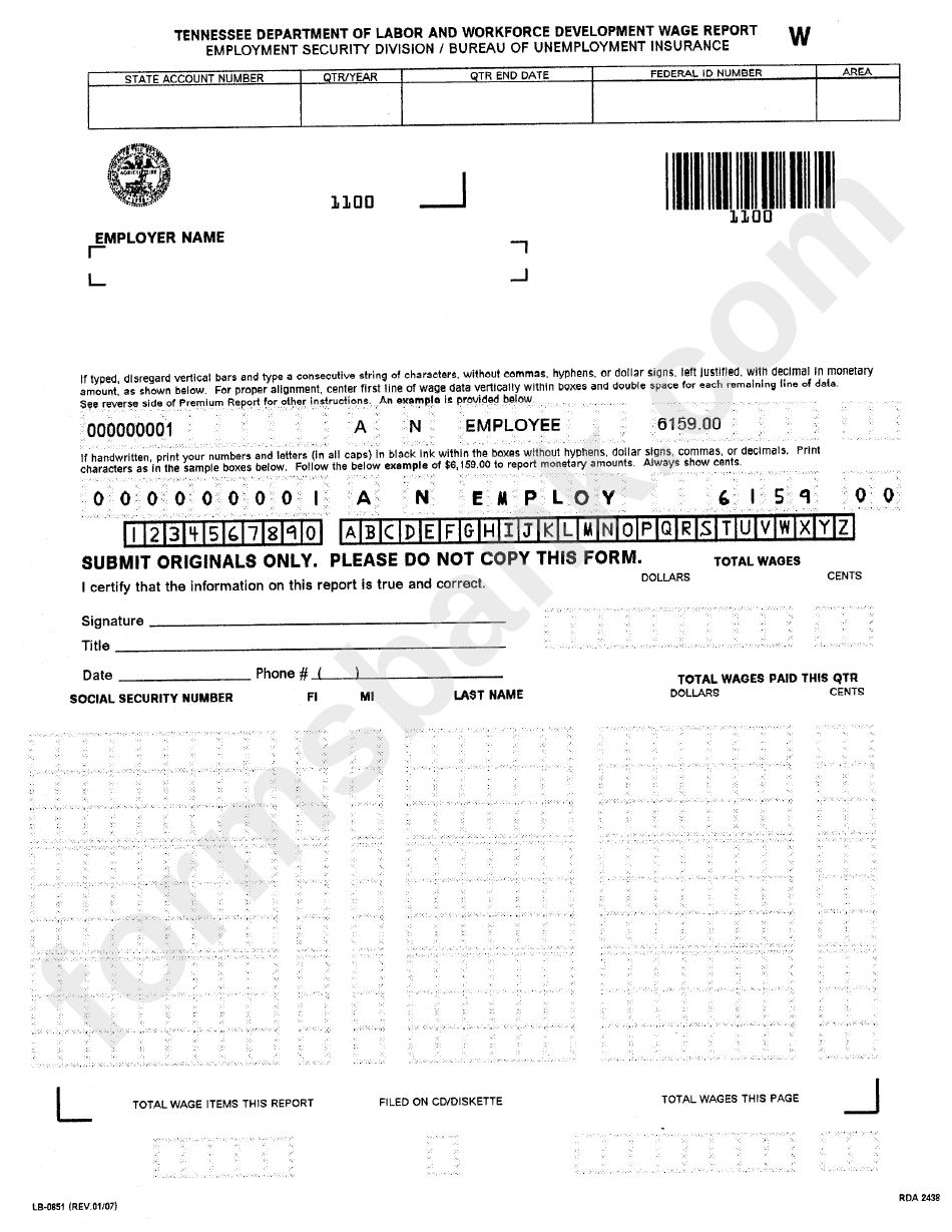 Form Lb-0851 - Wage Report - Tennessee Department Of Labor And Workforce Development