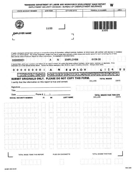 Form Lb-0851 - Wage Report - Tennessee Department Of Labor And Workforce Development Printable pdf