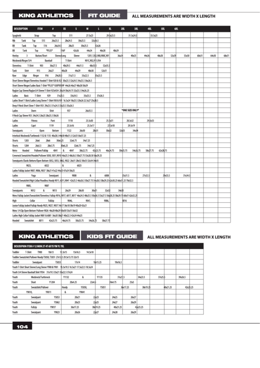 King Athletics Size Chart Printable pdf
