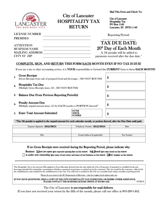 Hospitality Tax Return - City Of Lancaster Printable pdf
