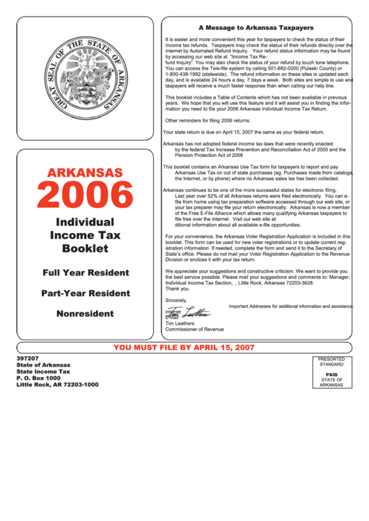 Arkansas Individual Tax Booklet 2006 printable pdf download