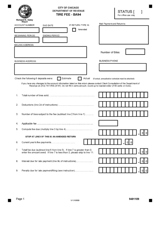 Form Ba94 - Tire Fee - Tax Return Form - City Of Chicago Printable pdf