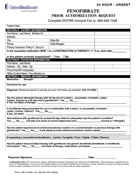Fillable Unitedhealthcare Prior Authorization Request Form - Fenofibrate Printable pdf