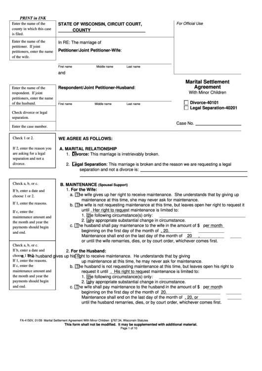 Form Fa-4150v - Marital Settlement Agreement - Wisconsin Circuit Court Printable pdf