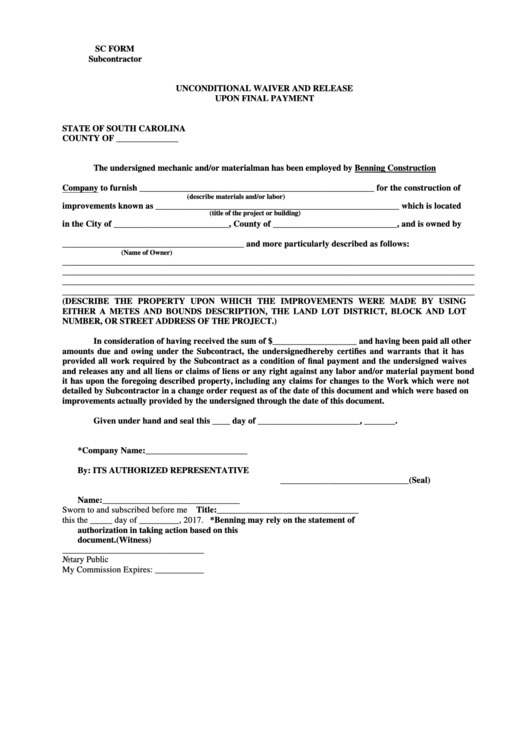 Unconditional Waiver And Release Upon Final Payment Template Printable pdf