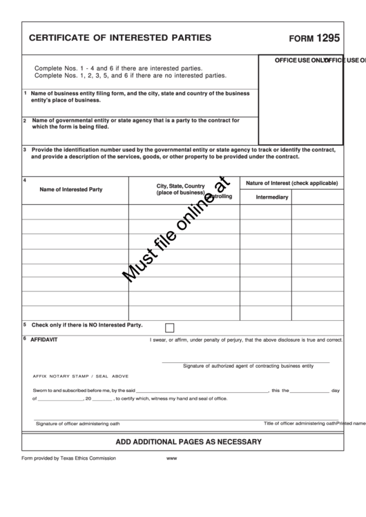 Form 1295 Draft - Certificate Of Interested Parties Printable pdf
