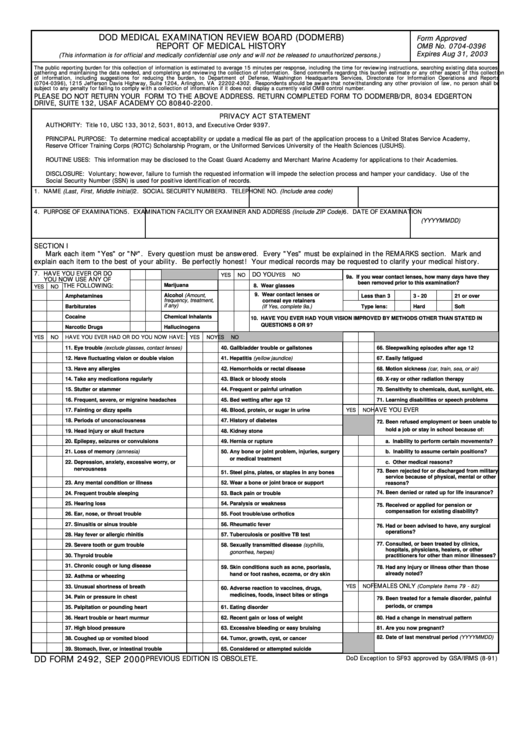 Fillable Dd Form 2492 - Dod Medical Examination Review Board (Dodmerb) Report Of Medical History Printable pdf