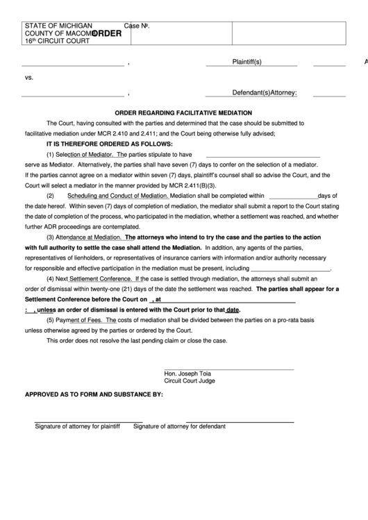 Fillable Order Regarding Facilitative Mediation - County Of Macomb 16th Circuit Court Printable pdf