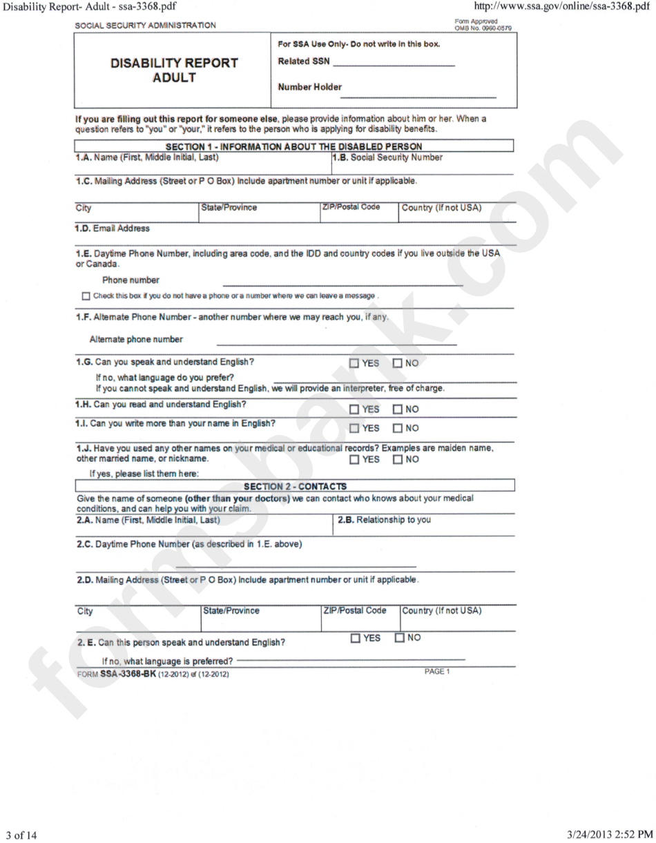 Form Ssa-3368-Bk - Disability Report Adult - Social Security Administration