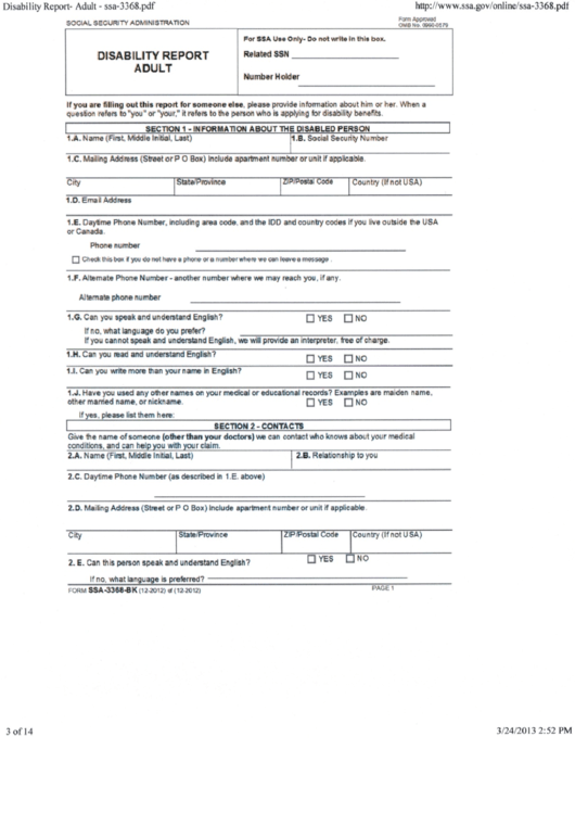 Form Ssa3368Bk Disability Report Adult Social Security