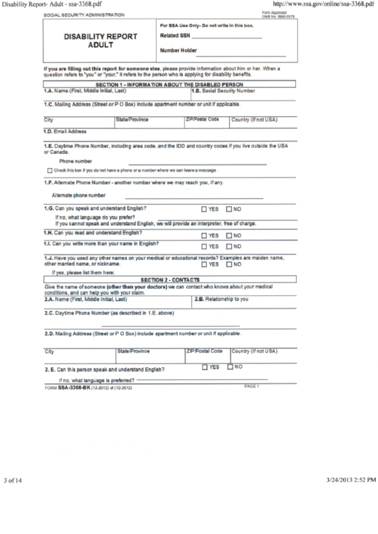 Form Ssa-3368-Bk - Disability Report Adult - Social Security Administration Printable pdf