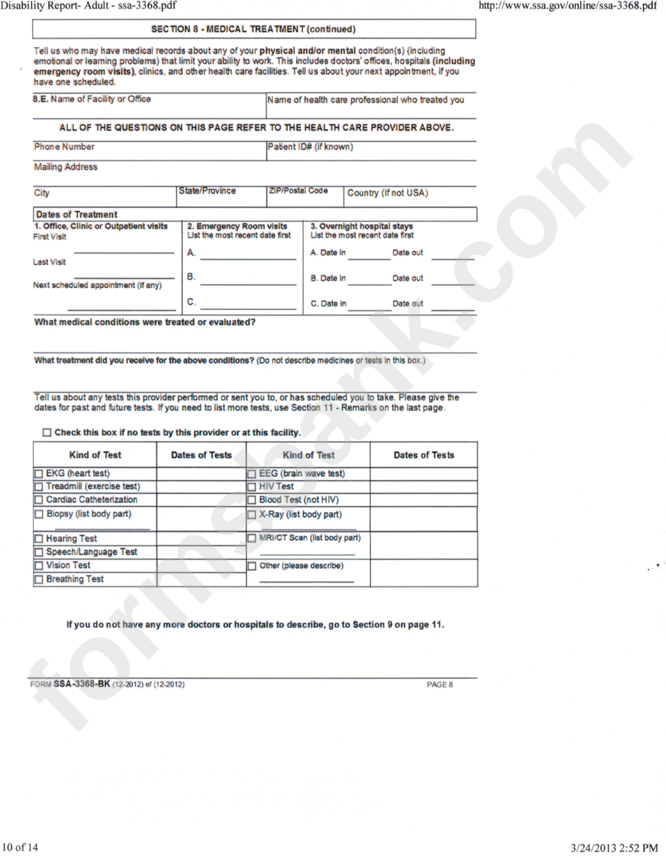 Form Ssa-3368-Bk - Disability Report Adult - Social Security Administration