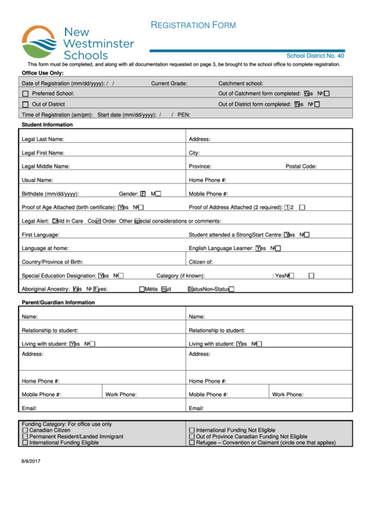 Fillable School Registration Form Printable pdf