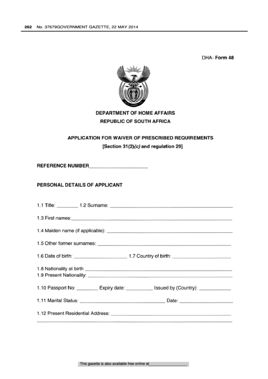 Dha Form 48 - Application For Waiver Of Prescribed Requirements - Republic Of South Africa Department Of Of Home Affairs Printable pdf