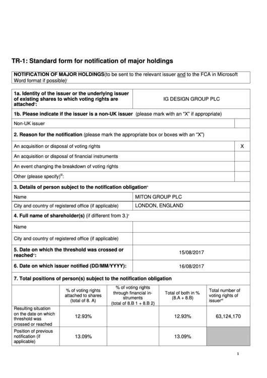 Form Tr-1 - Standard Form For Notification Of Major Holdings Printable pdf