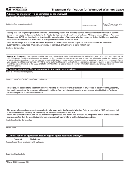 Ps Form 5980 - Treatment Verification For Wounded Warriors Leave - Usps Form Printable pdf