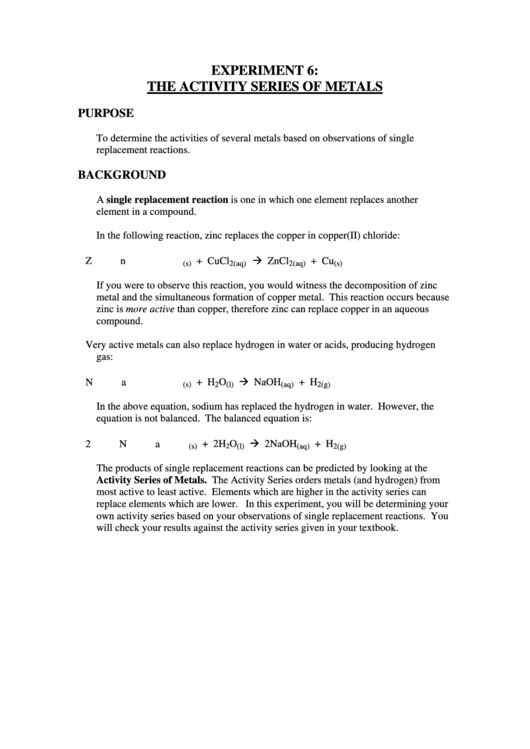 Fillable Chemistry Worksheet - The Activity Series Of Metals Printable pdf