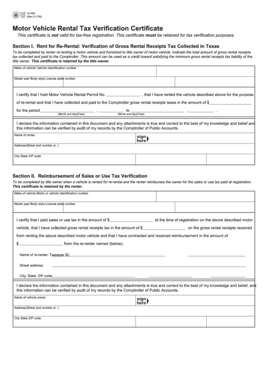 Fillable Motor Vehicle Rental Tax Verification Certificate Printable pdf