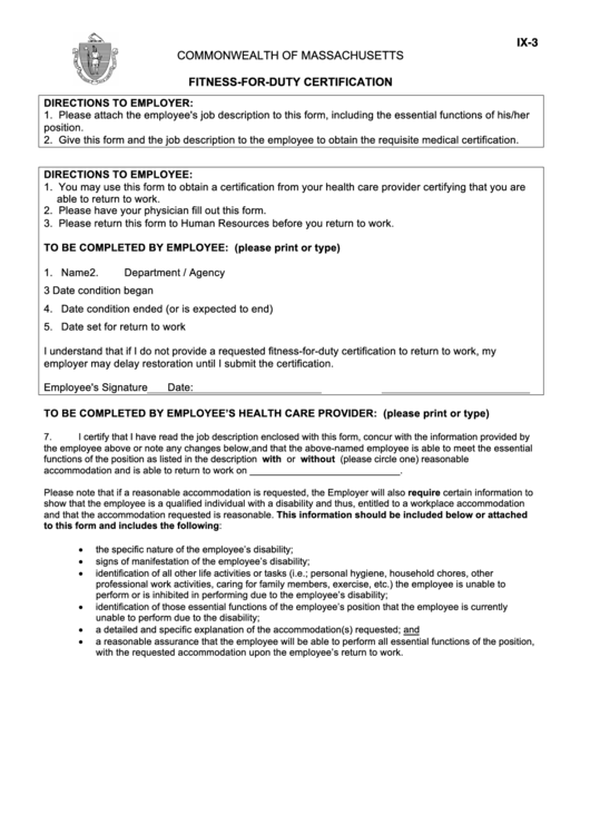 Form Ix-3 - Fitness-For-Duty Certification - Commonwealth Of Massachusetts Printable pdf