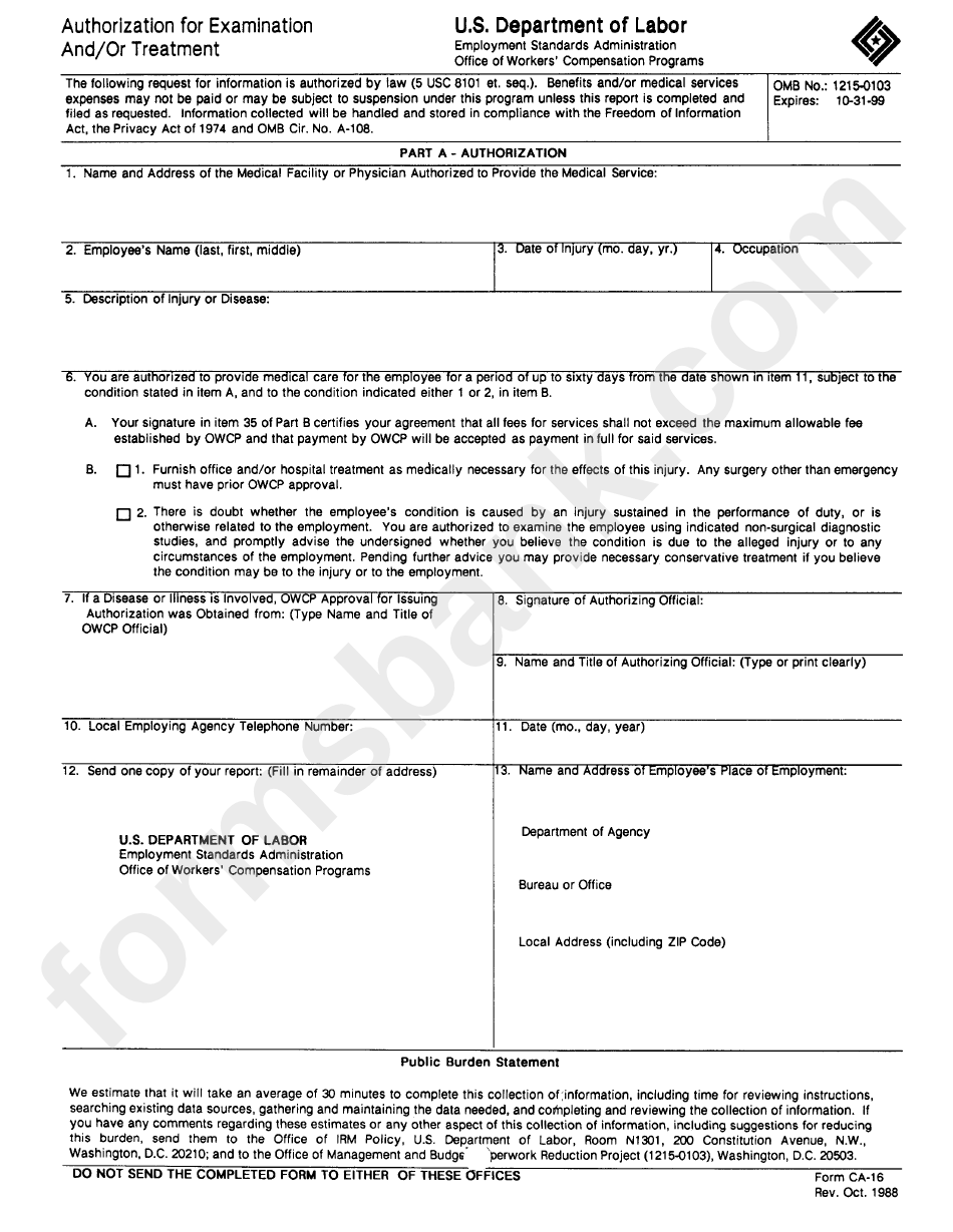 Form Ca-16 - Authorization For Examination And/or Treatment - U.s. Department Of Labor