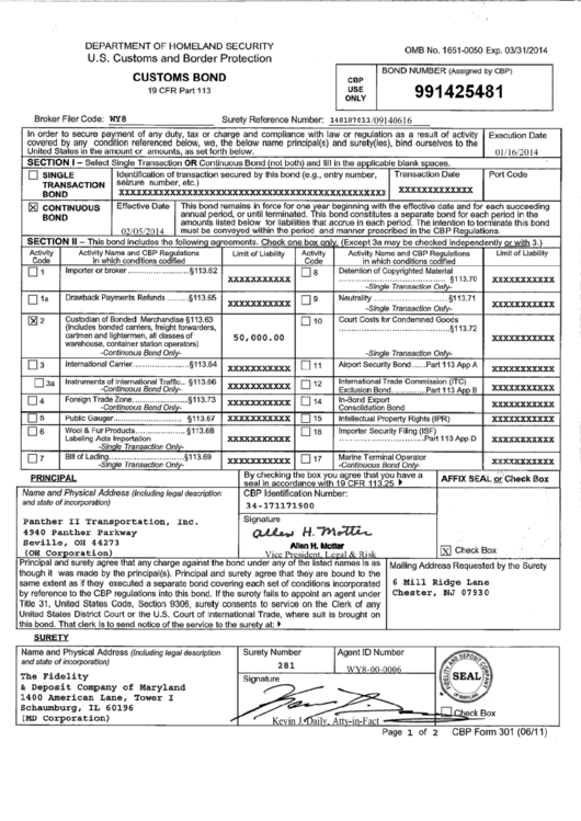 Fillable Cbp Form 301 Filing Example - Customs Bond printable pdf download