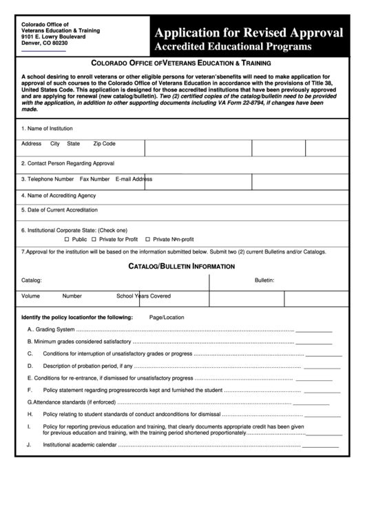 Application For Revised Approval - Accredited Educational Programs - Colorado Office Of Veterans Education And Training Printable pdf