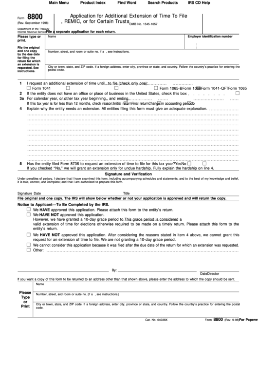 Form 8800 - Application For Additional Extension Of Time To File U.s. Return For A Partnership, Remic Or For Certain Trusts - 1998 Printable pdf