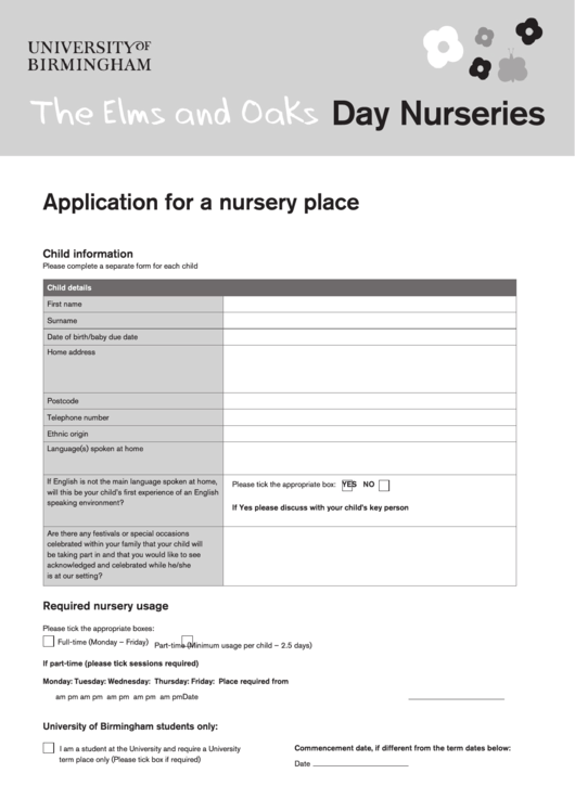 Fillable University Of Birmingham Nursery Place Application Form Printable pdf